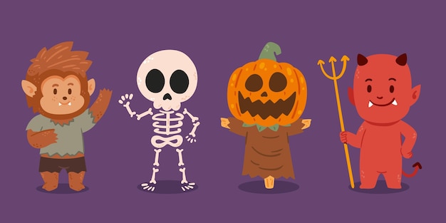 Hand drawn flat halloween characters collection