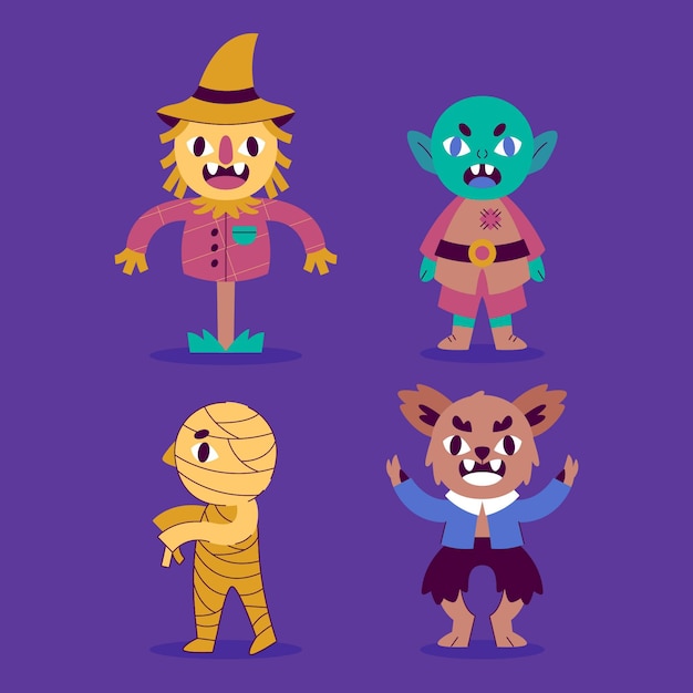 Free Vector hand drawn flat halloween characters collection