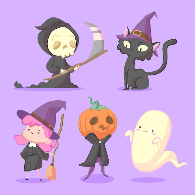 Free vector hand drawn flat halloween characters collection