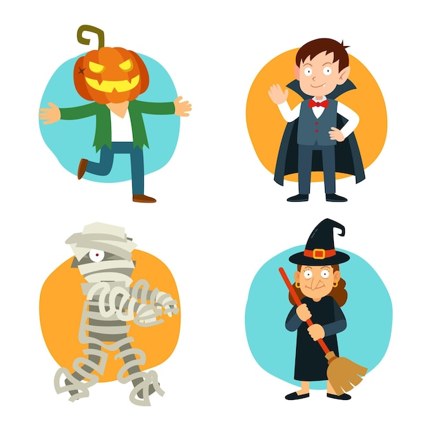 Hand drawn flat halloween characters collection