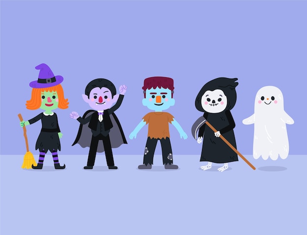 Hand drawn flat halloween characters collection