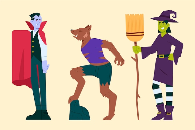 Free Vector hand drawn flat halloween characters collection