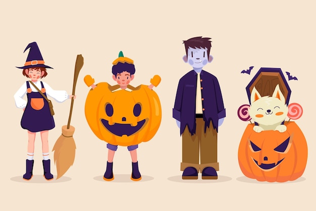 Free Vector hand drawn flat halloween characters collection