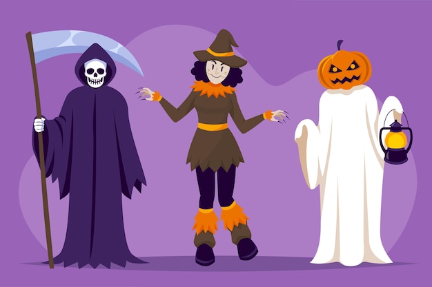 Free Vector hand drawn flat halloween characters collection