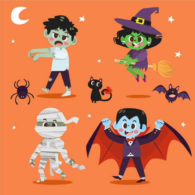 Hand drawn flat halloween characters collection