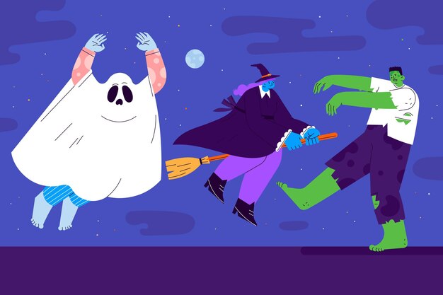 Hand drawn flat halloween characters collection