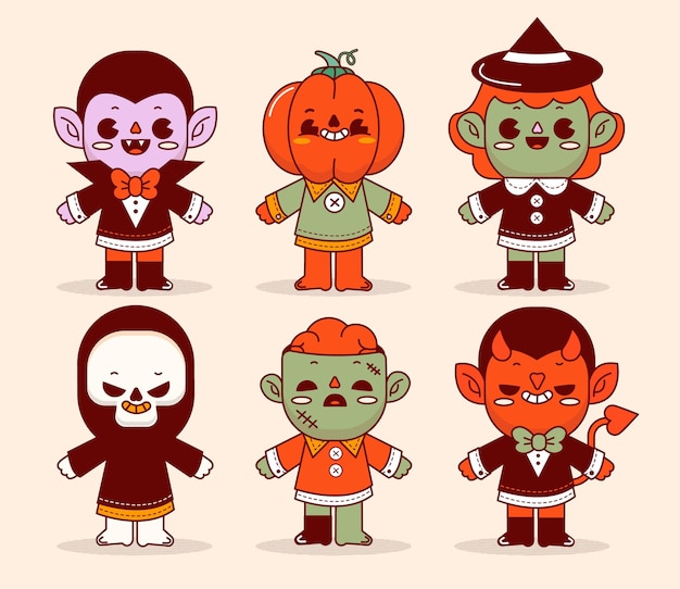 Free Vector hand drawn flat halloween characters collection