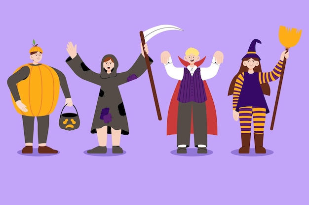 Free Vector hand drawn flat halloween costumes collection