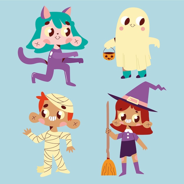 Hand drawn flat halloween costumes collection