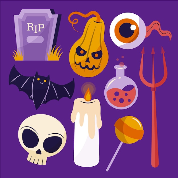 Free Vector hand drawn flat halloween elements collection