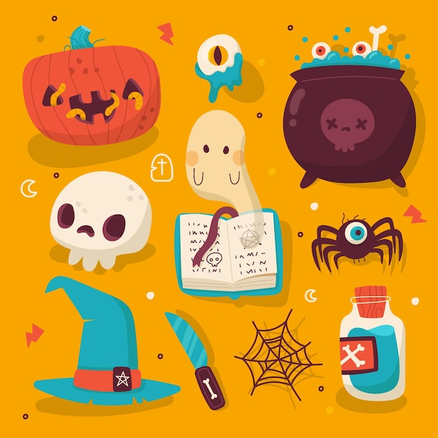 Hand drawn flat halloween elements collection