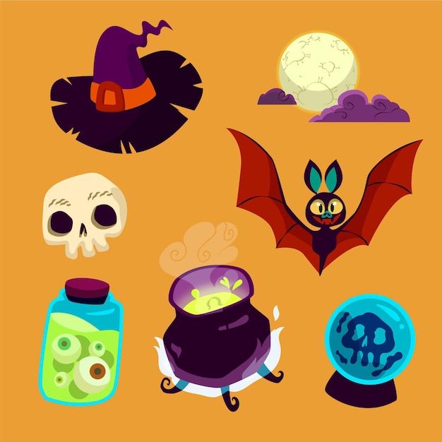 Hand drawn flat halloween elements collection