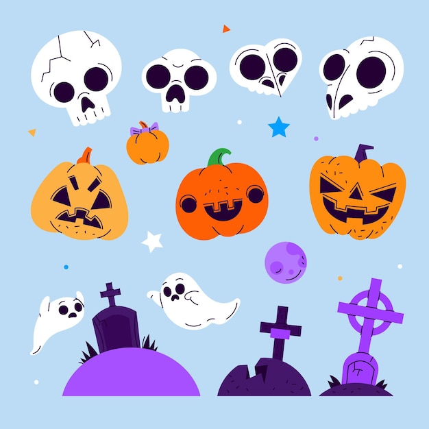 Hand drawn flat halloween elements collection