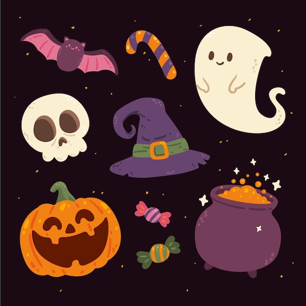 Hand drawn flat halloween elements collection