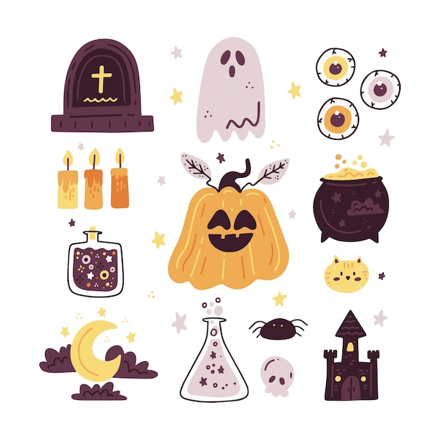 Hand drawn flat halloween elements collection