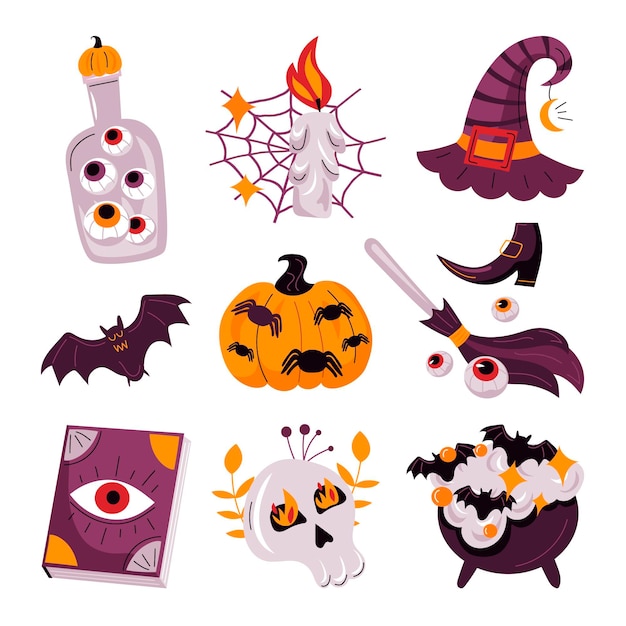 Hand drawn flat halloween elements collection