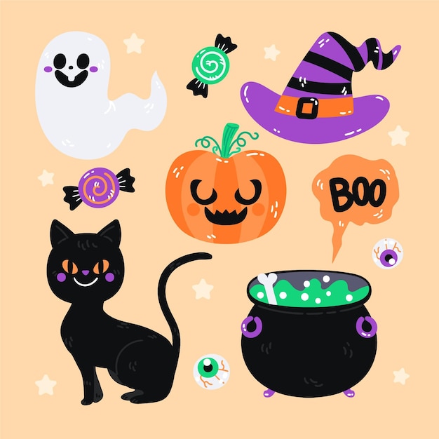 Hand drawn flat halloween elements collection