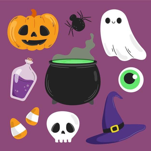 Hand drawn flat halloween elements collection