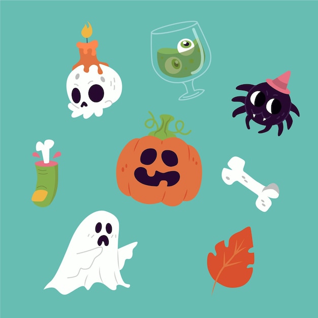 Hand drawn flat halloween elements collection