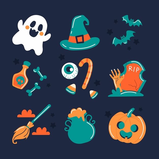 Hand drawn flat halloween elements collection