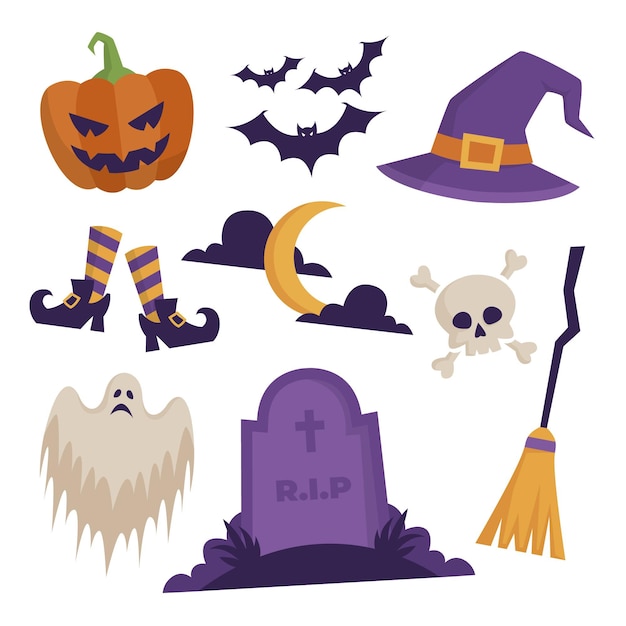 Hand drawn flat halloween elements collection