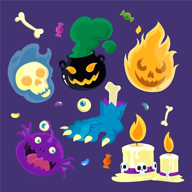 Hand drawn flat halloween elements collection