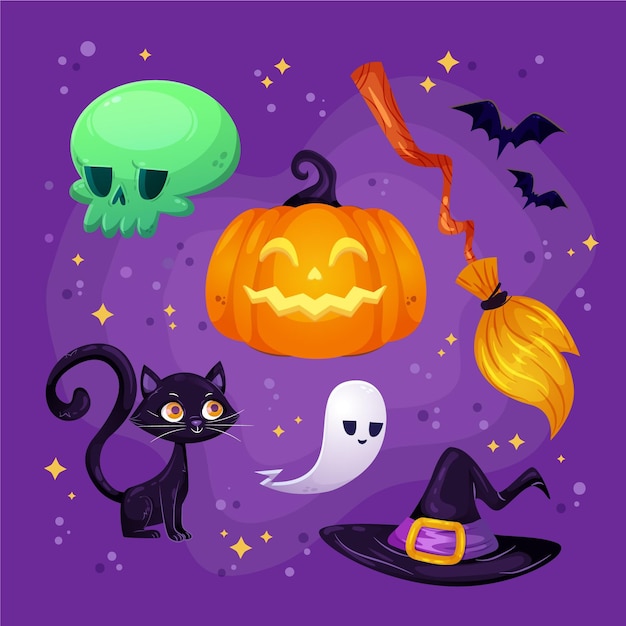 Hand drawn flat halloween elements collection