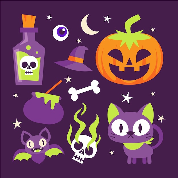 Free Vector hand drawn flat halloween elements collection