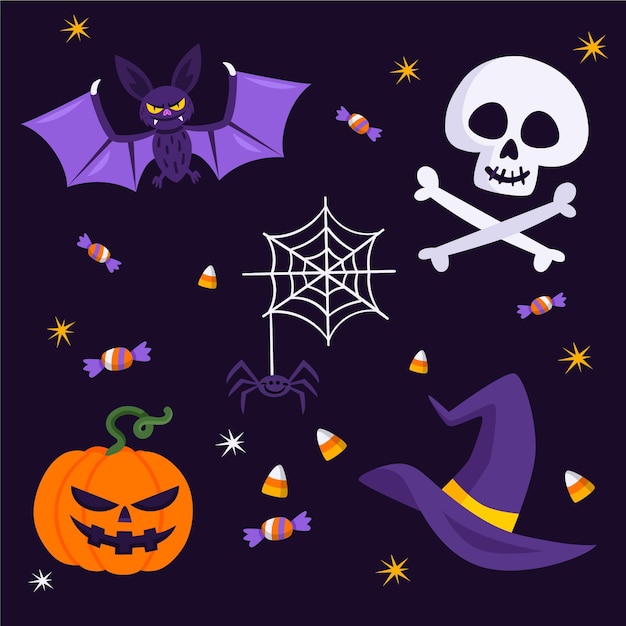 Free Vector hand drawn flat halloween elements collection