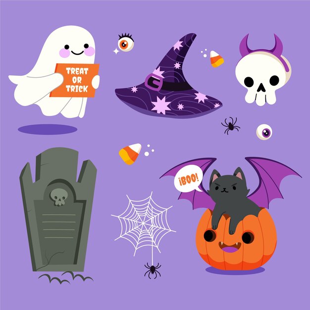 Hand drawn flat halloween elements collection