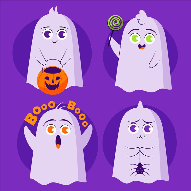 Hand drawn flat halloween ghosts collection