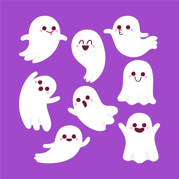 Hand drawn flat halloween ghosts collection