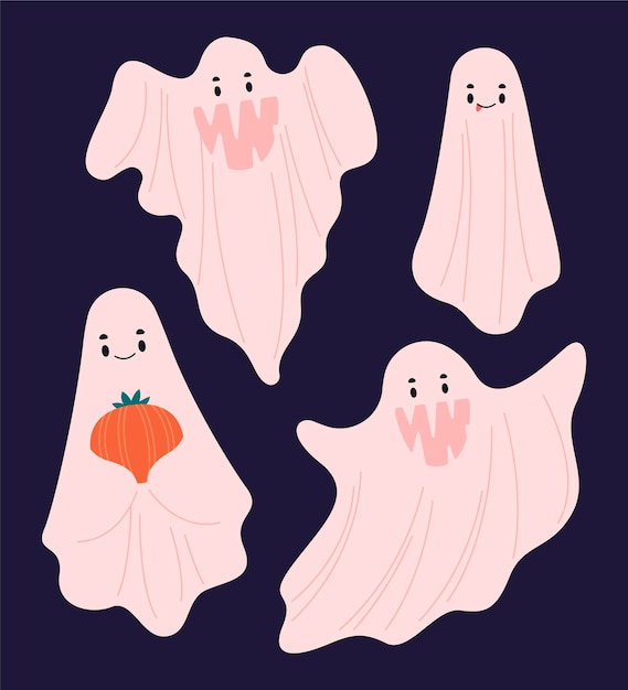 Hand drawn flat halloween ghosts collection