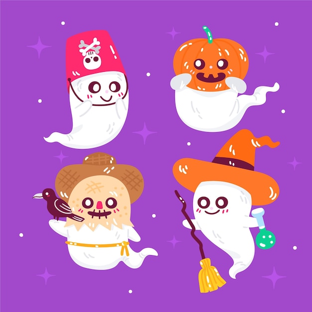 Hand drawn flat halloween ghosts collection