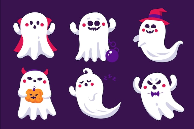 Hand drawn flat halloween ghosts collection