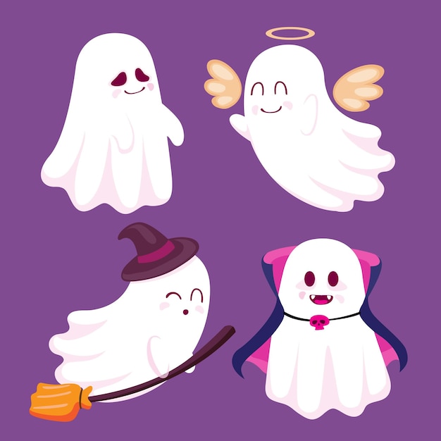 Free Vector hand drawn flat halloween ghosts collection