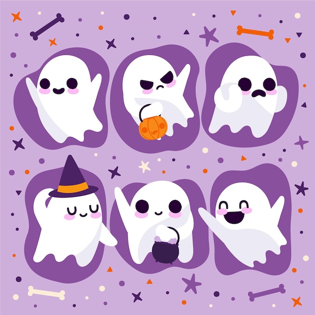 Free Vector hand drawn flat halloween ghosts collection