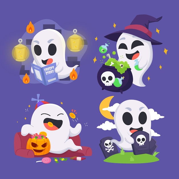 Hand drawn flat halloween ghosts collection