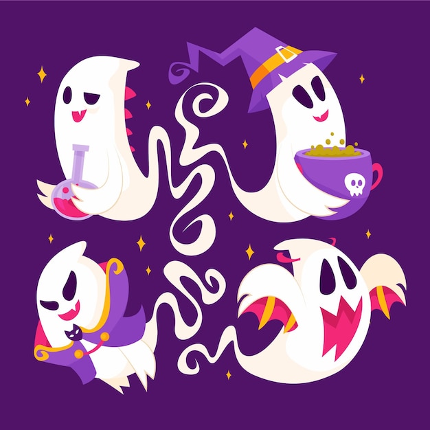 Free Vector hand drawn flat halloween ghosts collection