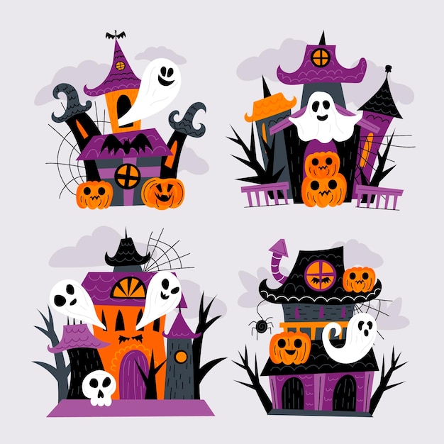 Hand drawn flat halloween haunted houses collection