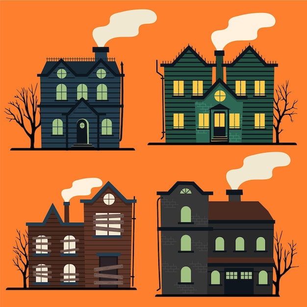 Free vector hand drawn flat halloween haunted houses collection