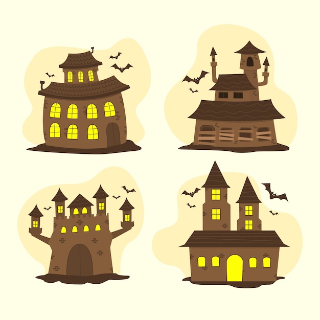 Free vector hand drawn flat halloween haunted houses collection