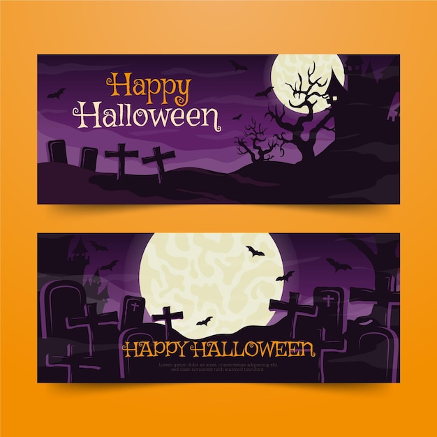 Hand drawn flat halloween horizontal banners set