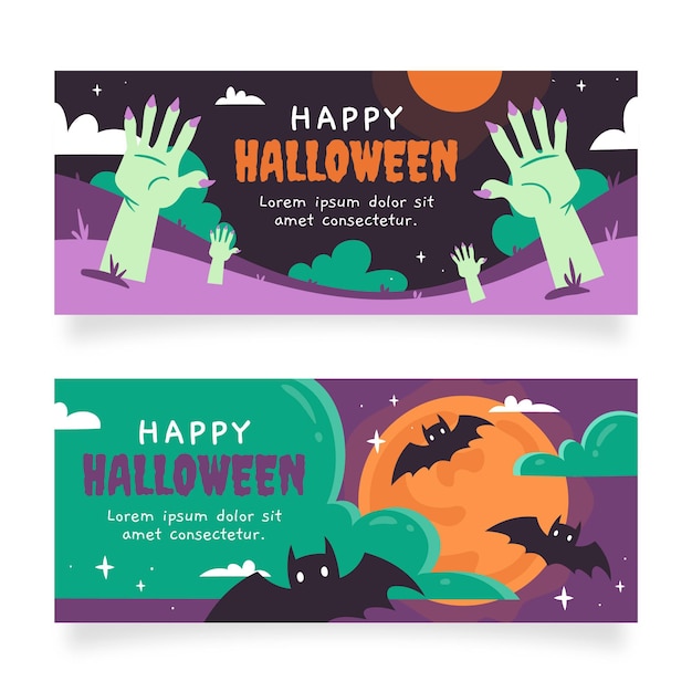 Free Vector hand drawn flat halloween horizontal banners set