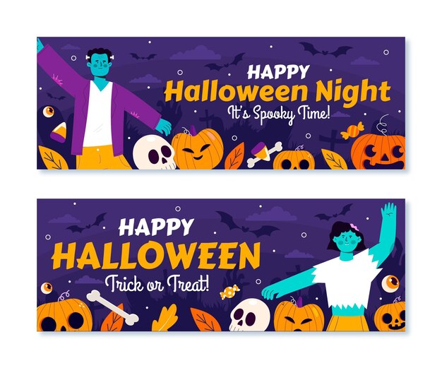 Hand drawn flat halloween horizontal banners set