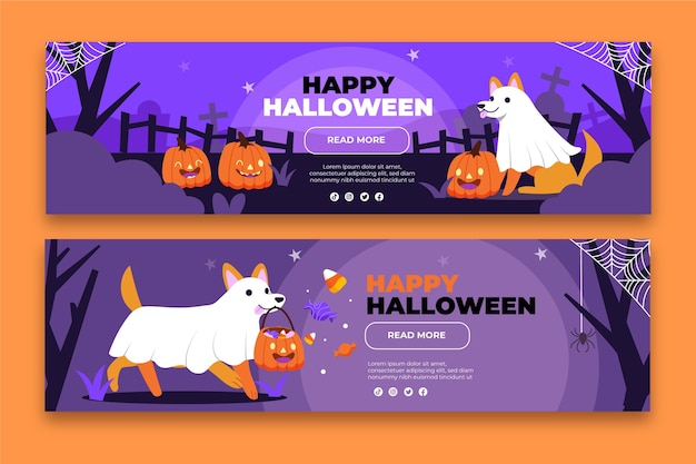 Hand drawn flat halloween horizontal banners set