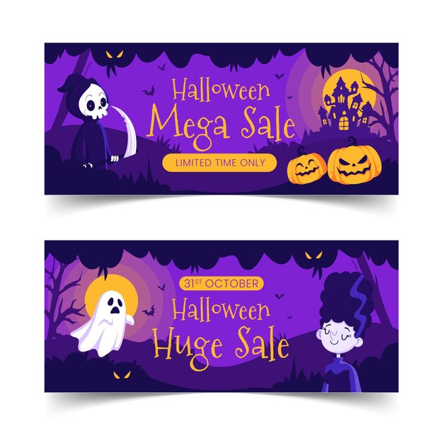 Hand drawn flat halloween horizontal sale banners set