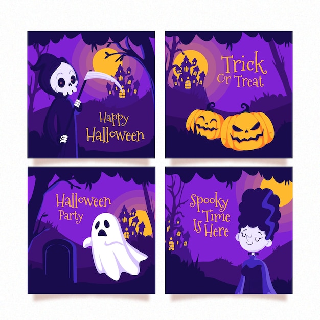 Hand drawn flat halloween instagram posts collection