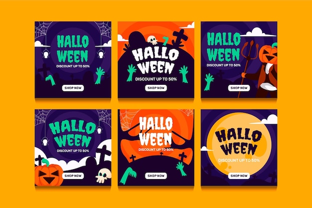 Free Vector hand drawn flat halloween instagram posts collection