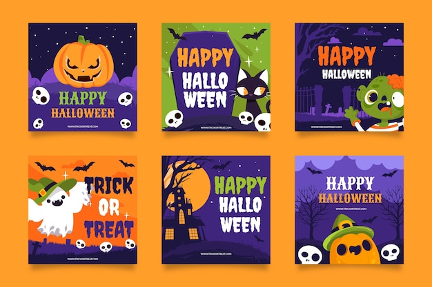 Hand drawn flat halloween instagram posts collection